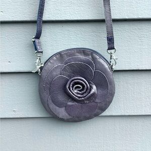 NWOT ROCAI Elegant Navy Leather Flower Accent Crossbody